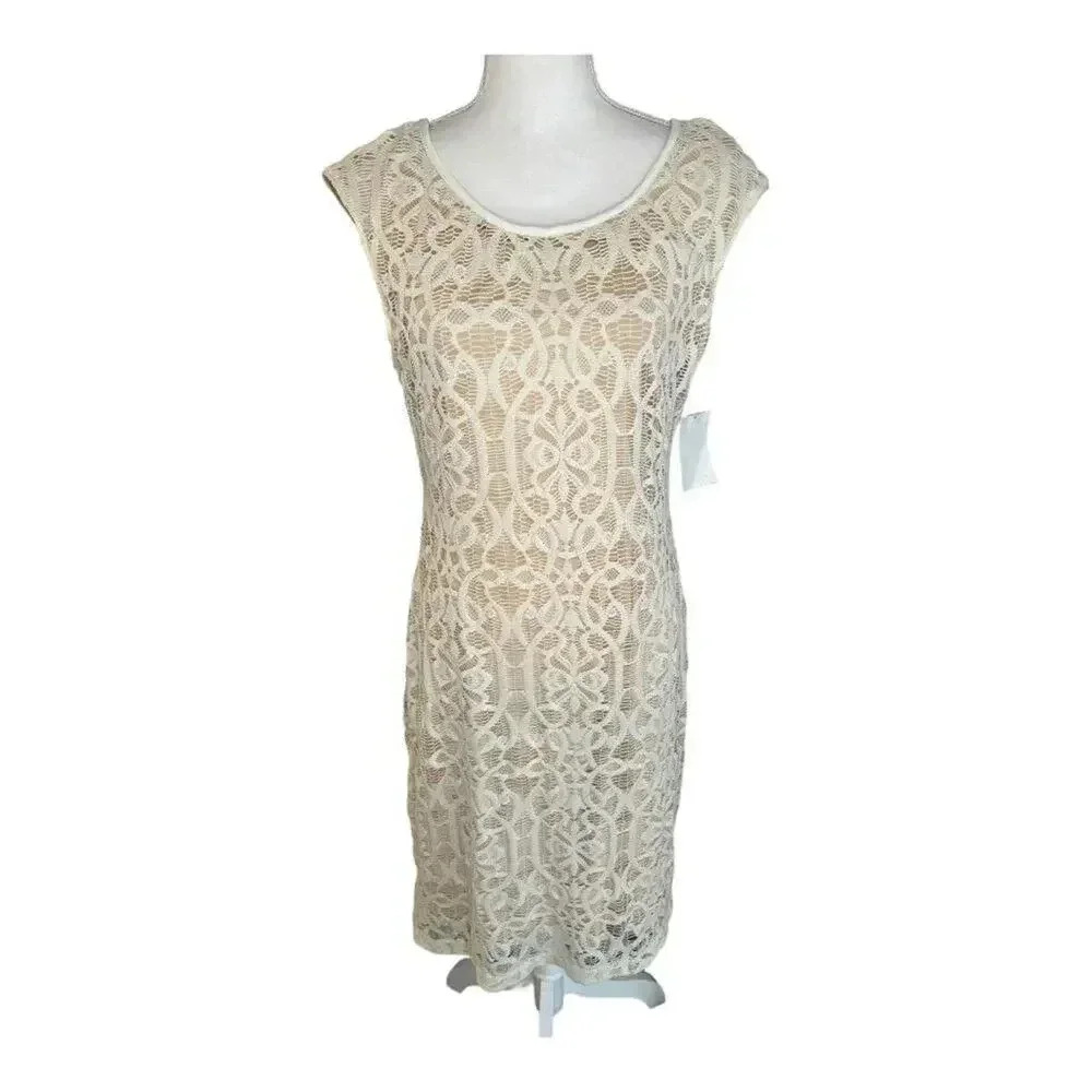 Connected Apparel Women’s Size 12 Beige Lace Overlay Sleeveless Sheath Dress